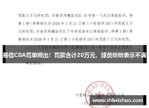 易信CBA罚单频出！罚款合计20万元，球员纷纷表示不满