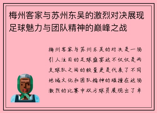 梅州客家与苏州东吴的激烈对决展现足球魅力与团队精神的巅峰之战